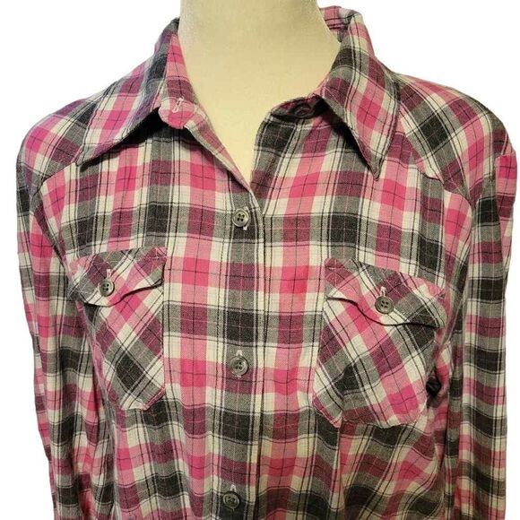 Izod 100% Cotton Pink and Gray Plaid Women's Button Down Shirt Size Medium - Picture 1 of 7
